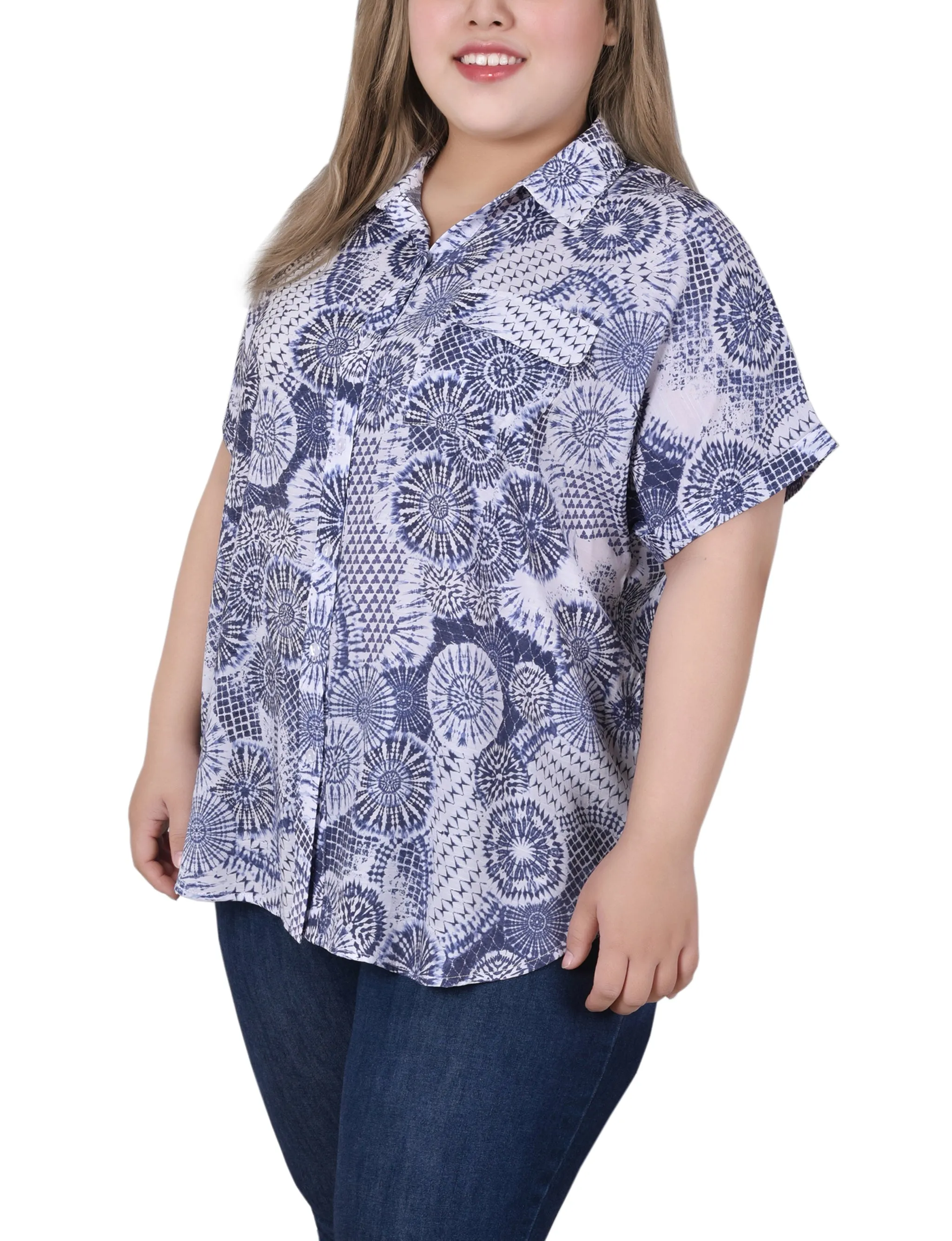 Blouse boutonnée à manches courtes roulées pour grandes tailles