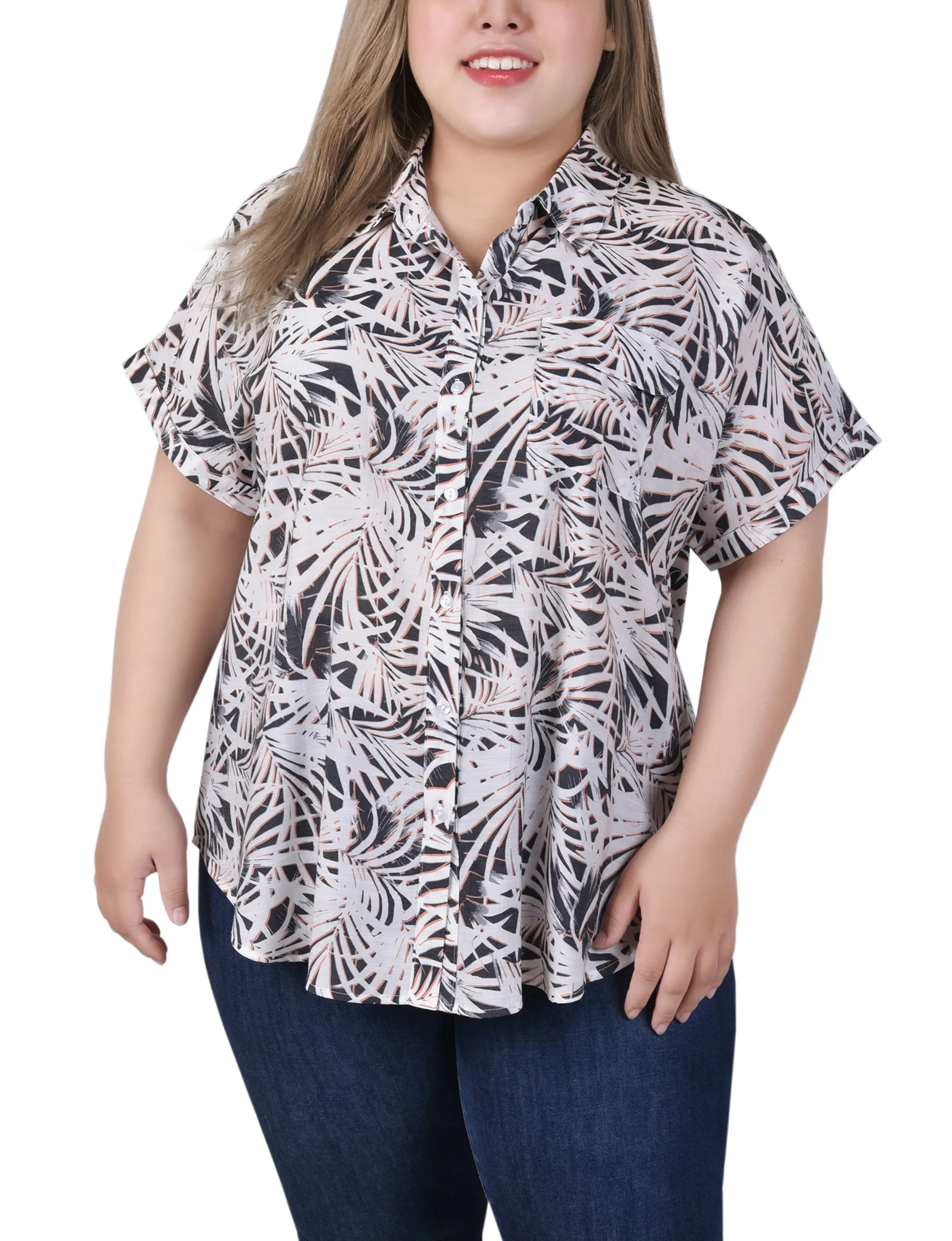 Blouse boutonnée à manches courtes roulées pour grandes tailles