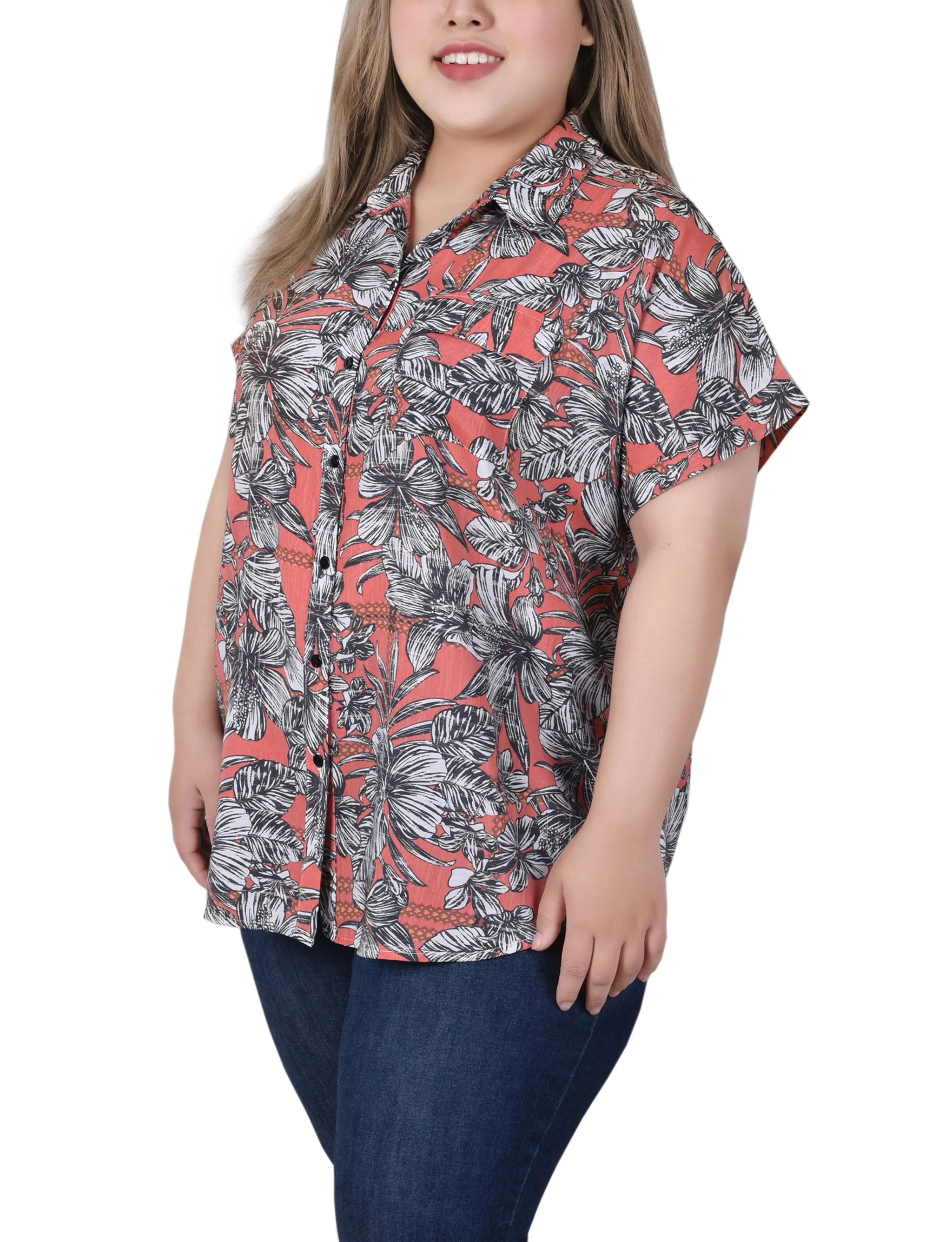 Blouse boutonnée à manches courtes roulées pour grandes tailles
