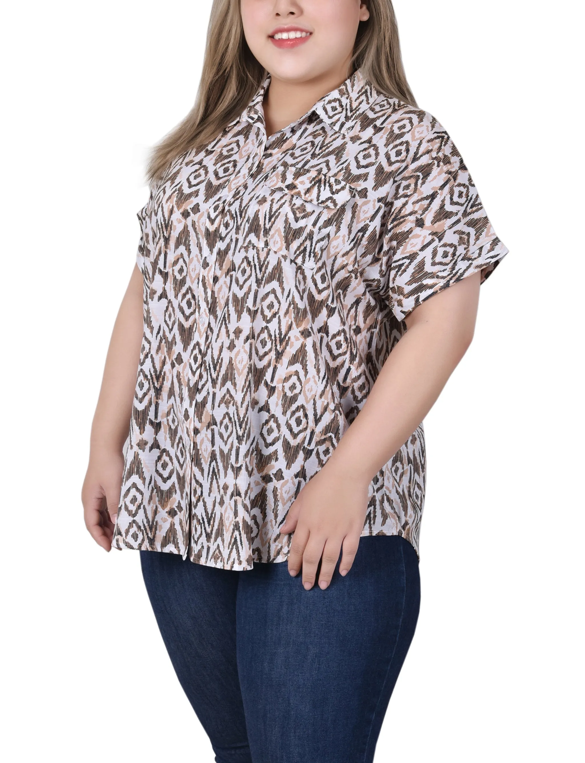 Blouse boutonnée à manches courtes roulées pour grandes tailles