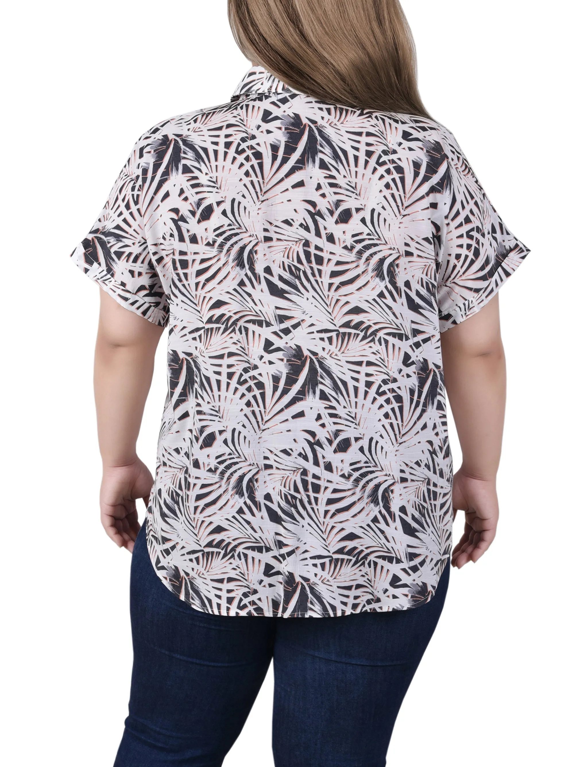 Blouse boutonnée à manches courtes roulées pour grandes tailles