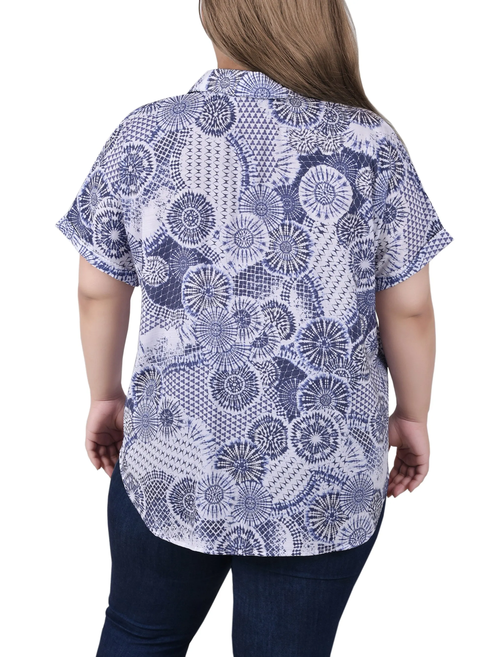 Blouse boutonnée à manches courtes roulées pour grandes tailles