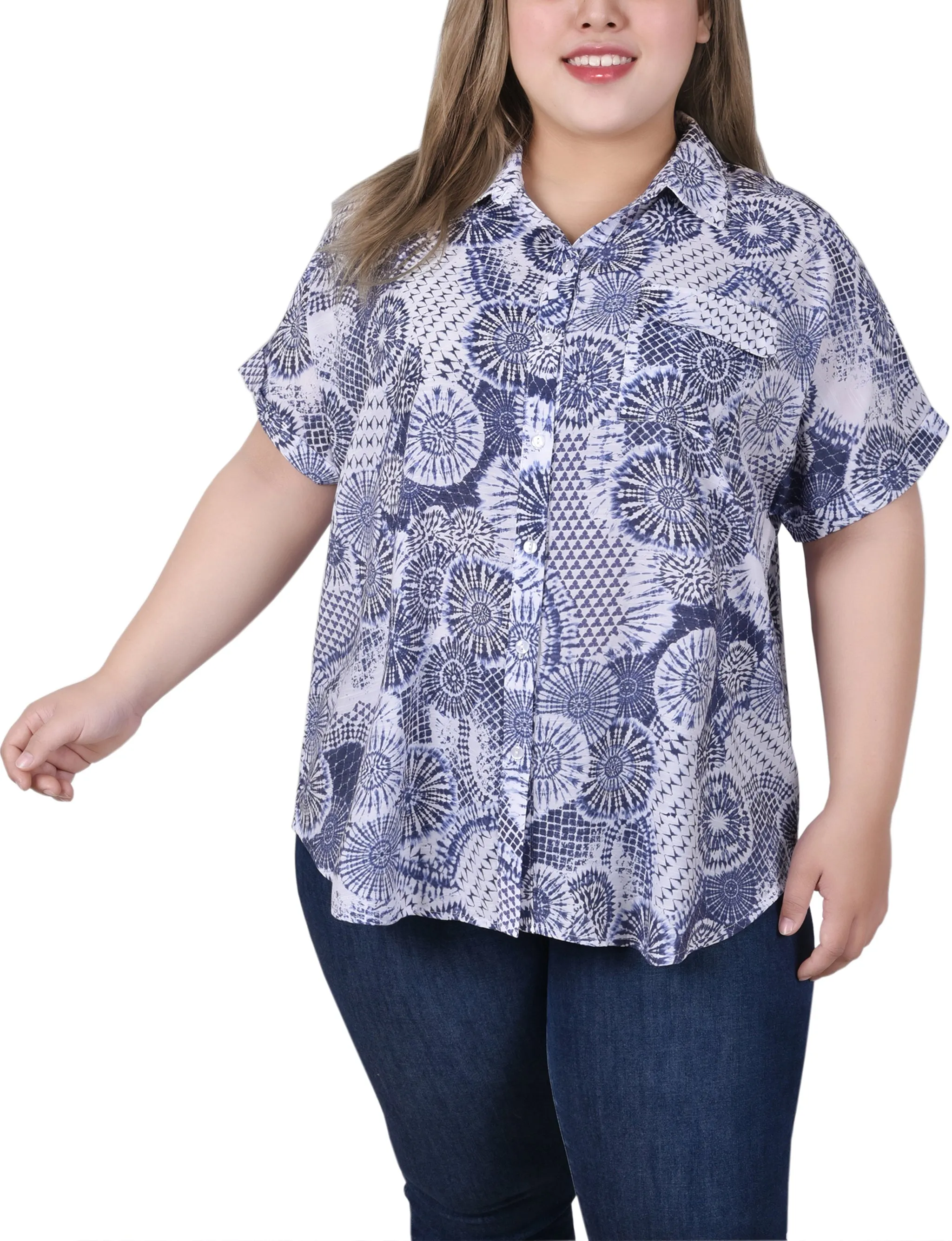 Blouse boutonnée à manches courtes roulées pour grandes tailles