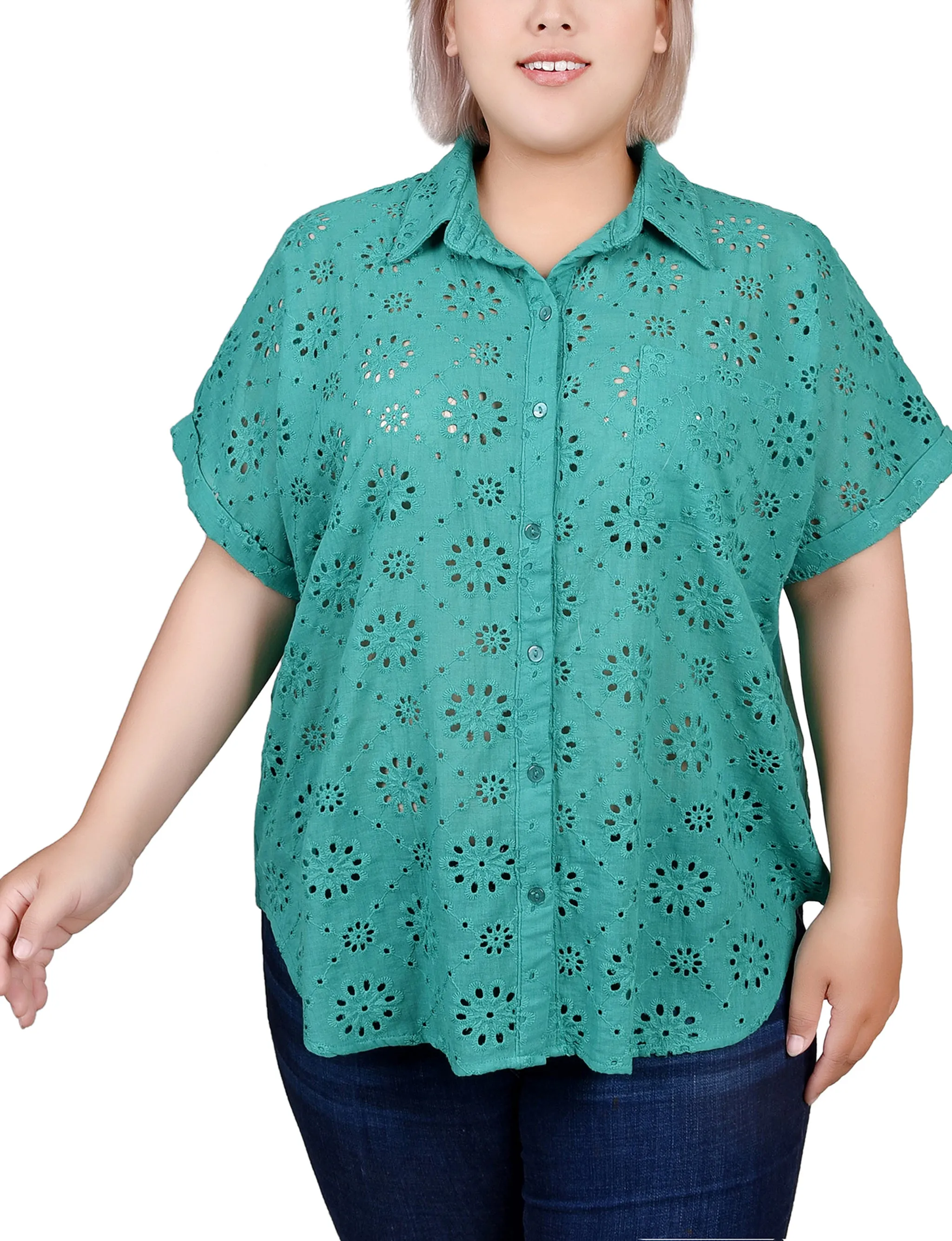 Blouse Taille Grande en Jersey à Manches Courtes avec Oeillets