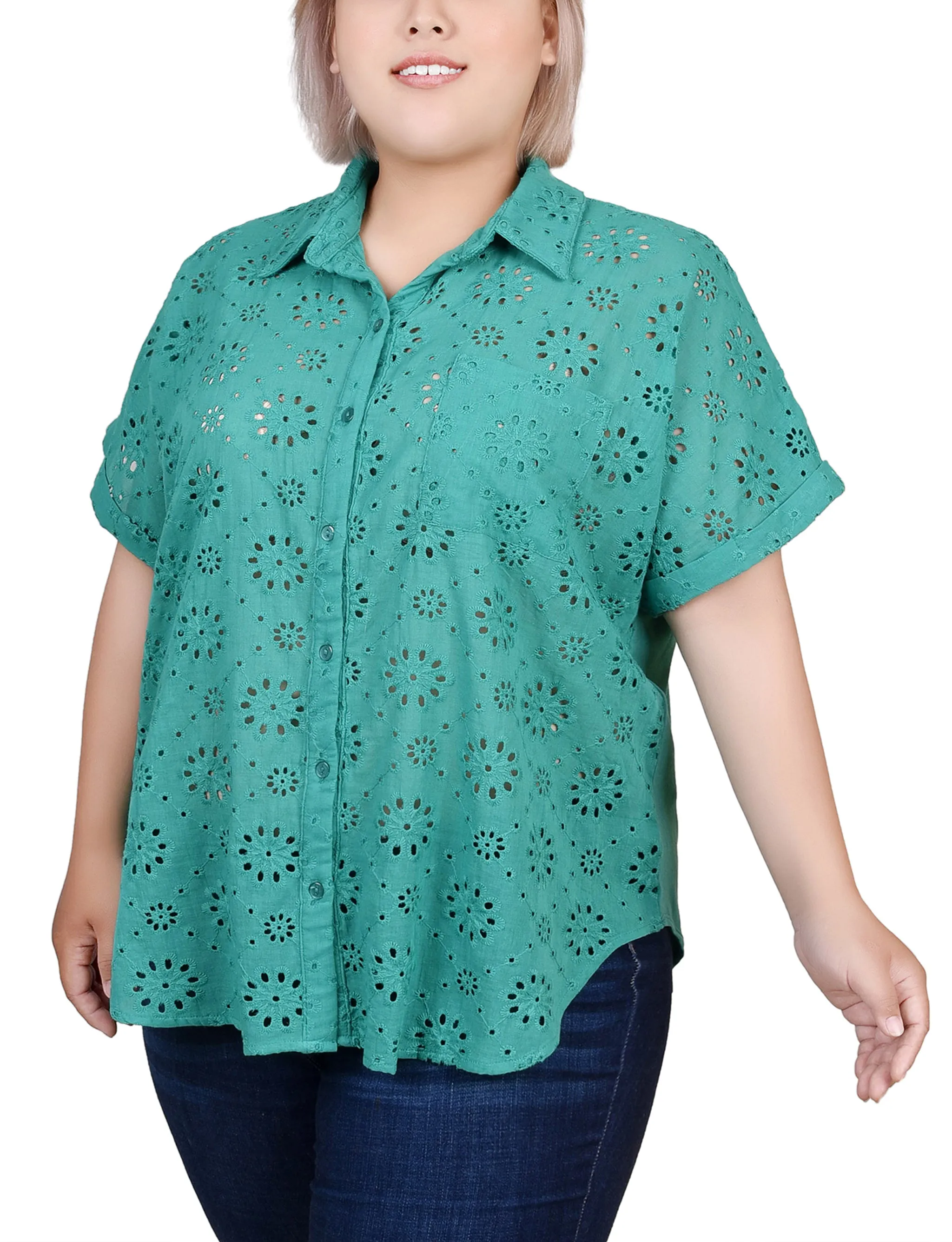 Blouse Taille Grande en Jersey à Manches Courtes avec Oeillets