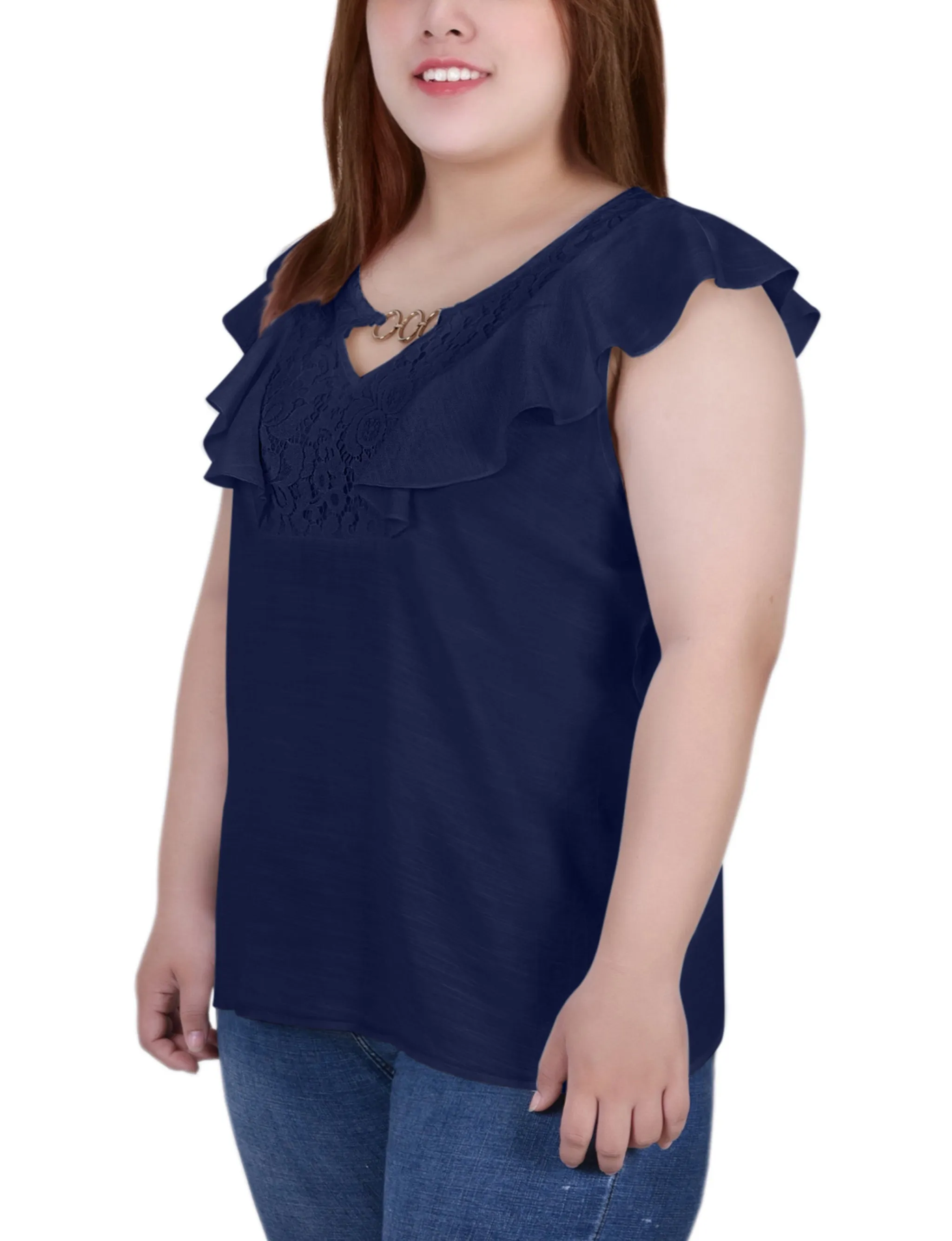 Blouse sans manches à empiècement volanté pour grande taille