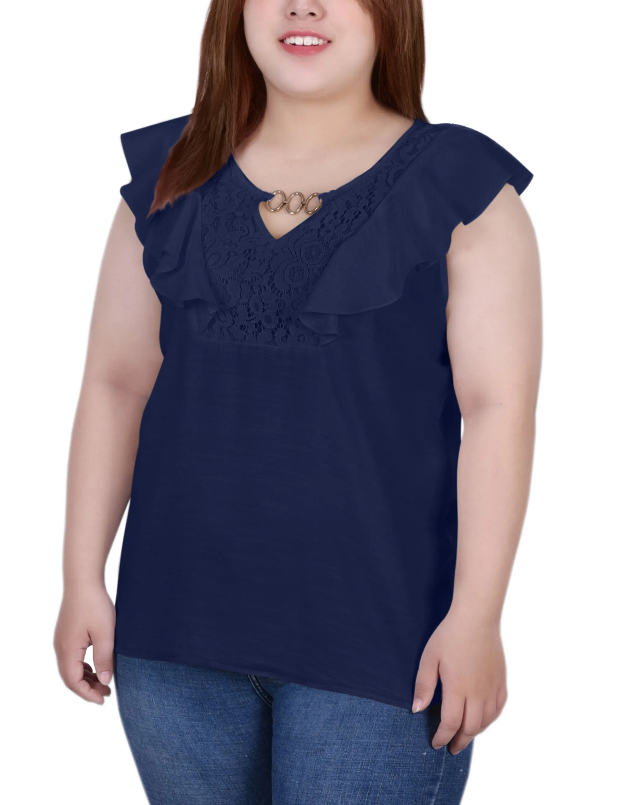 Blouse sans manches à empiècement volanté pour grande taille