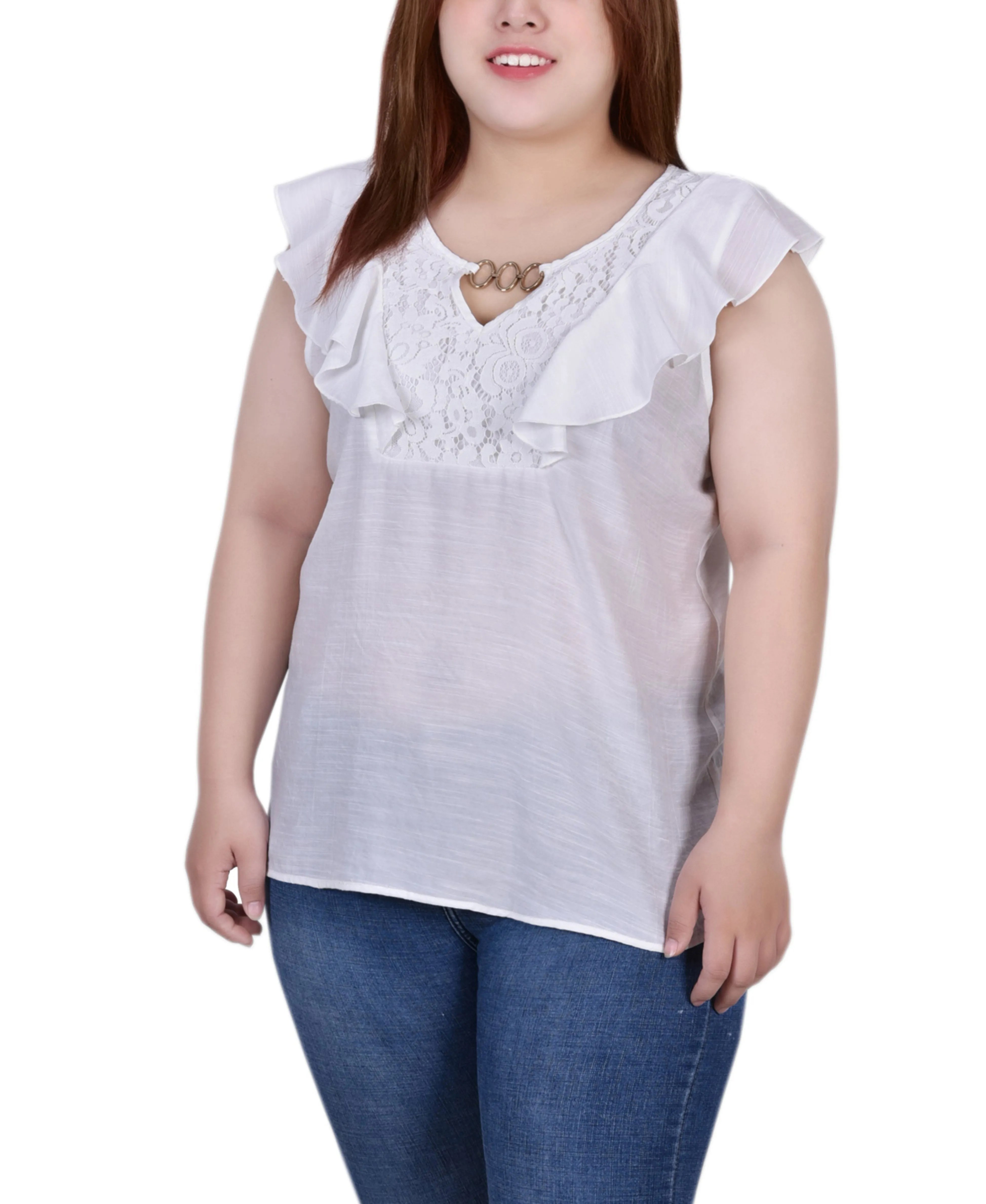 Blouse sans manches à empiècement volanté pour grande taille