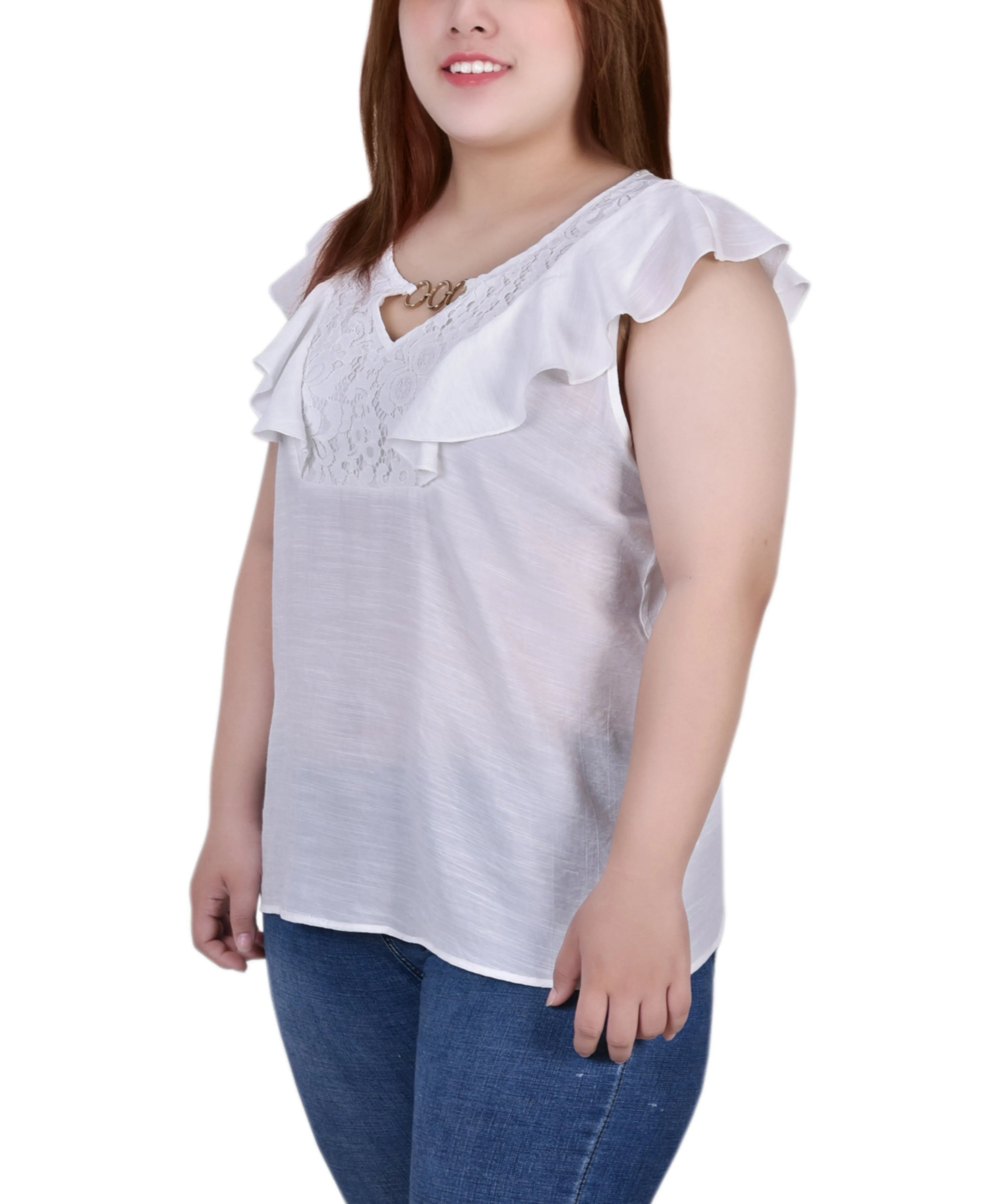 Blouse sans manches à empiècement volanté pour grande taille