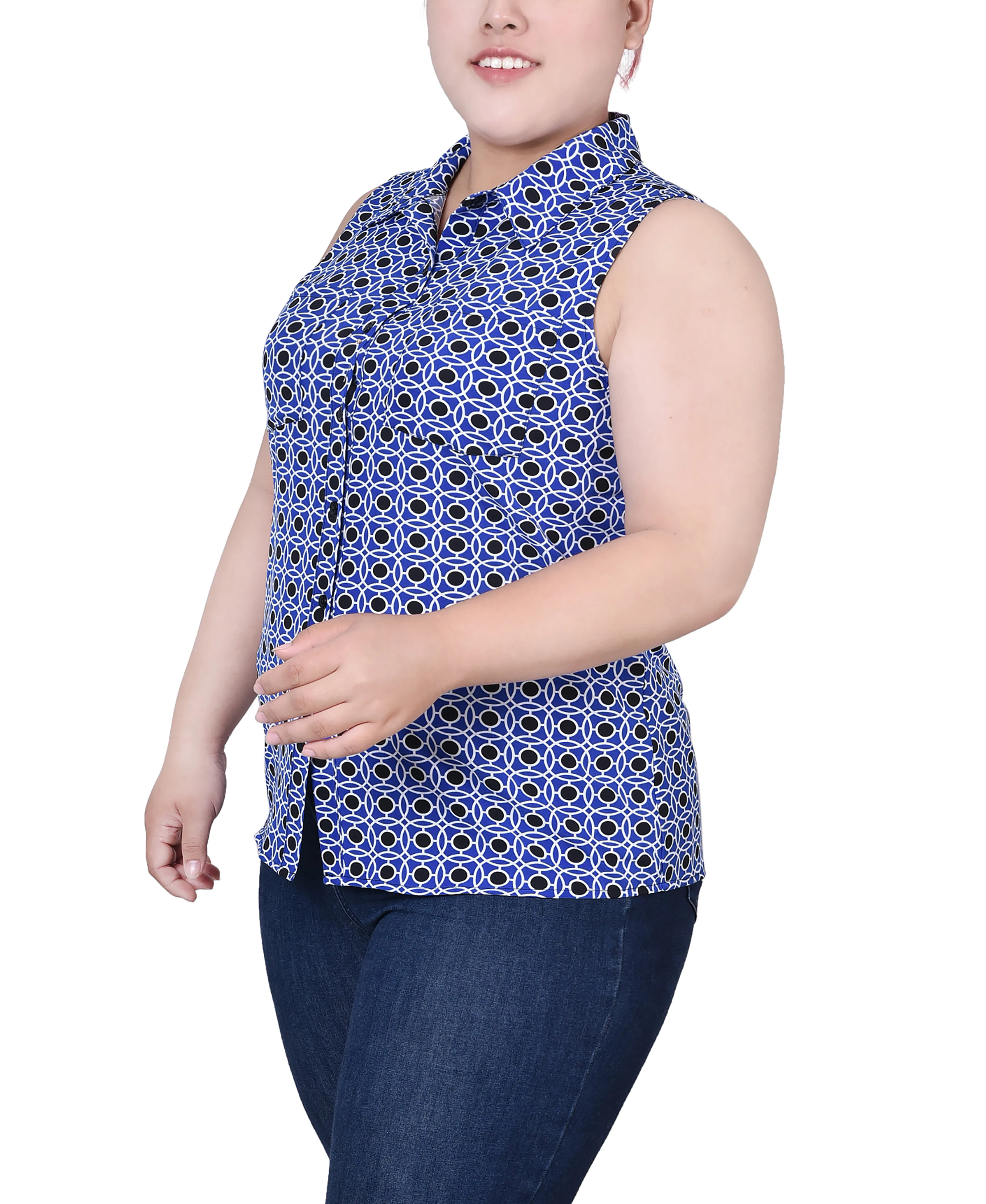 Blouse sans manches à col tailleur et boutonnage devant pour grande taille