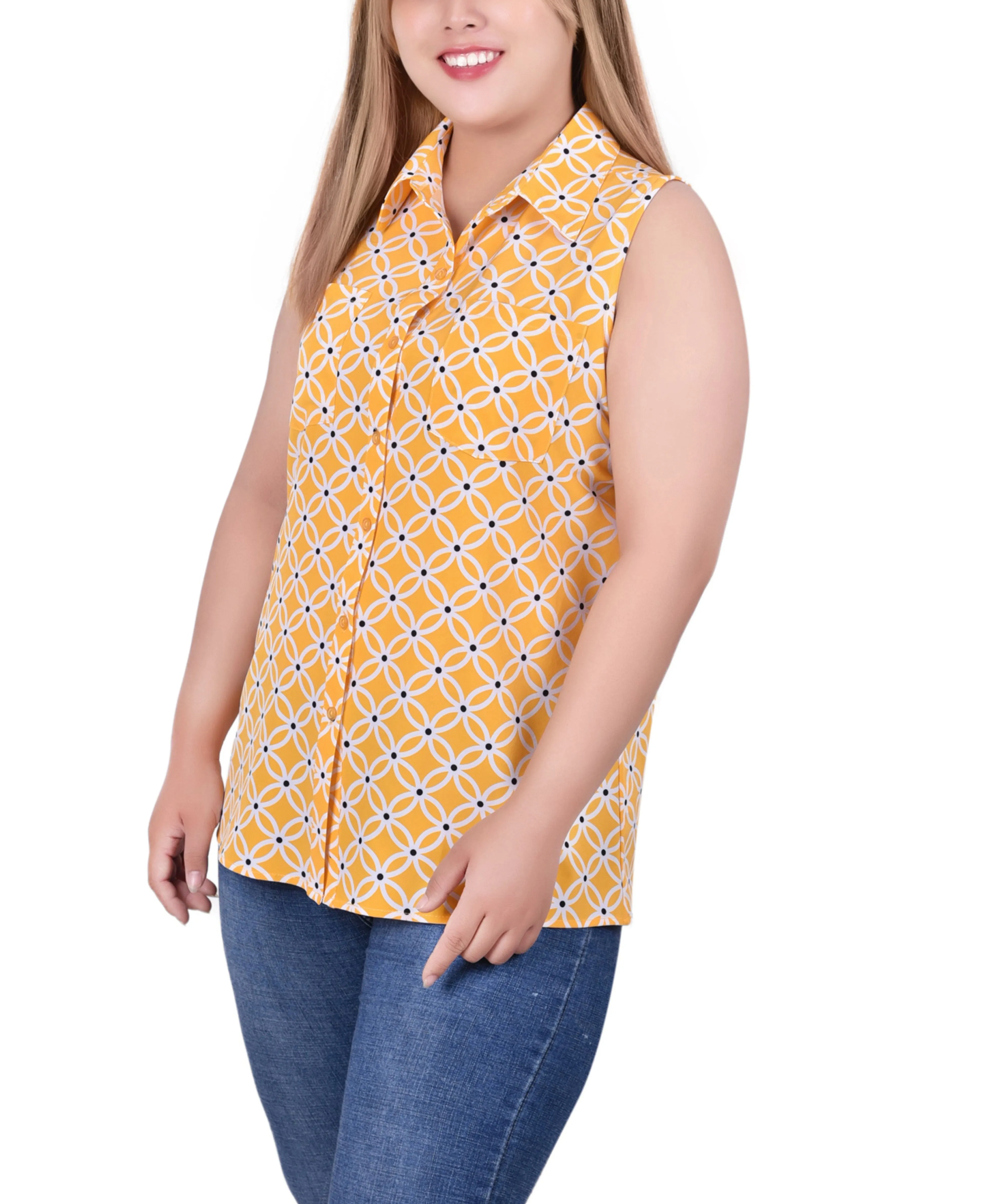 Blouse sans manches à col tailleur et boutonnage devant pour grande taille