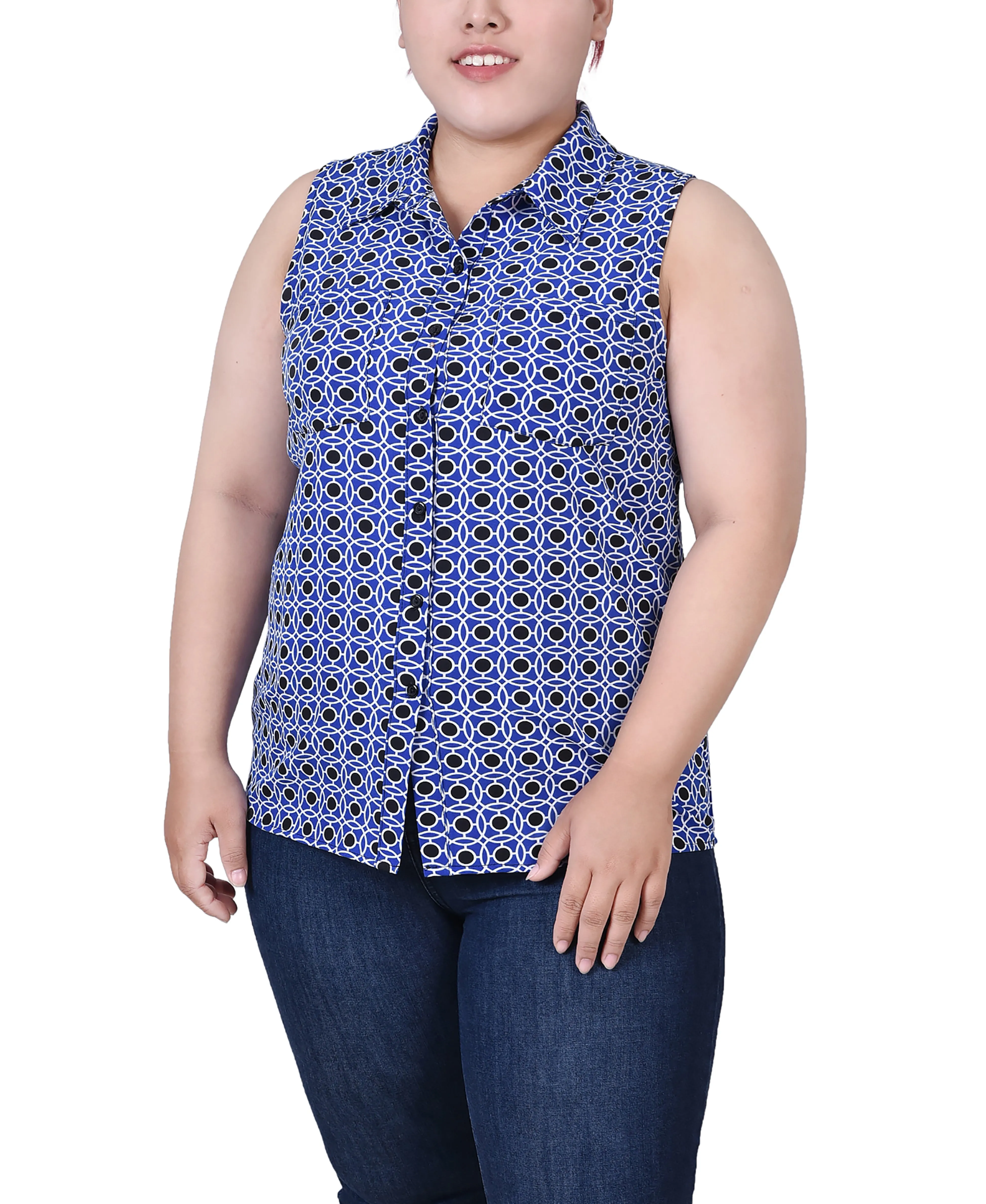 Blouse sans manches à col tailleur et boutonnage devant pour grande taille