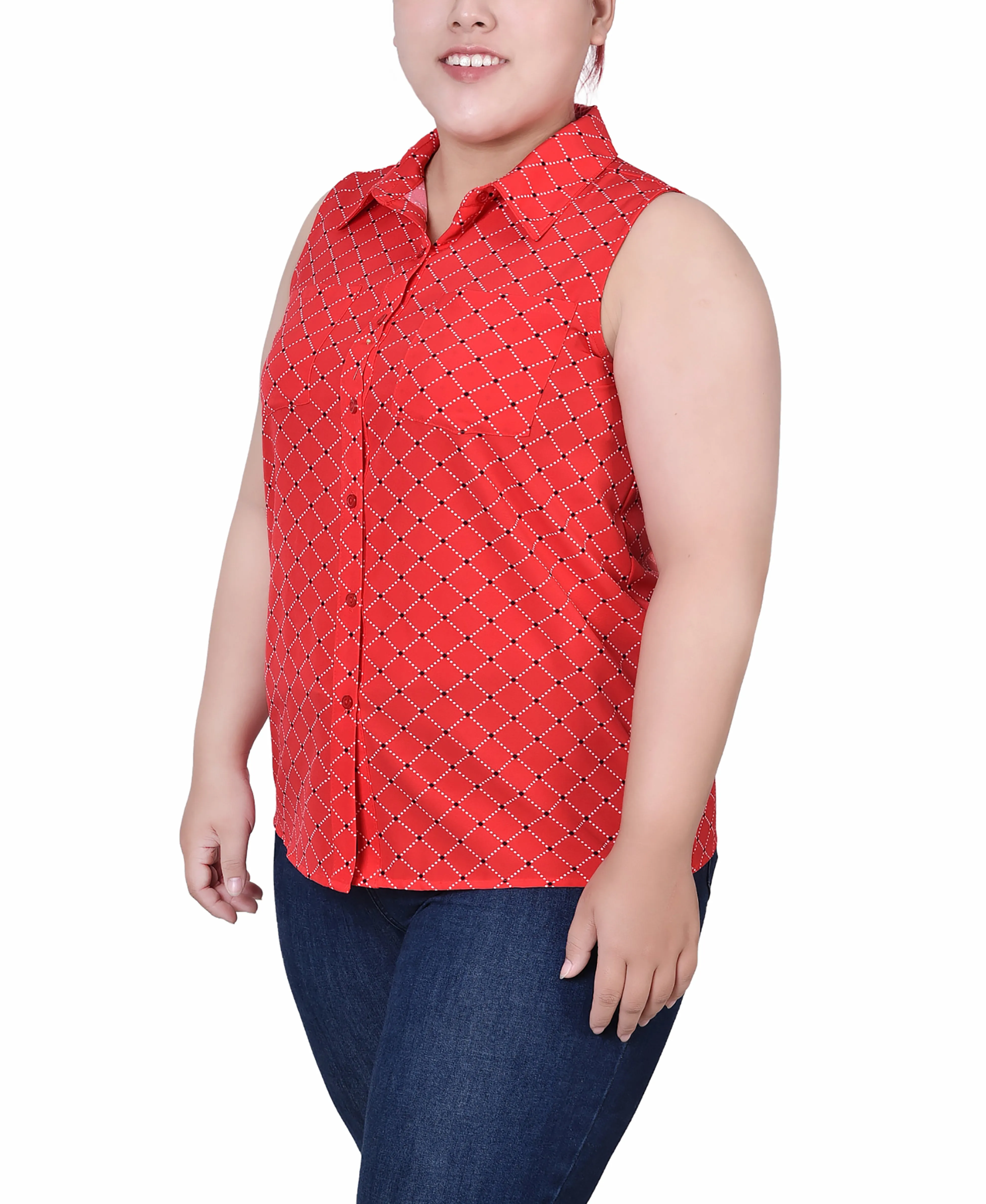 Blouse sans manches à col tailleur et boutonnage devant pour grande taille