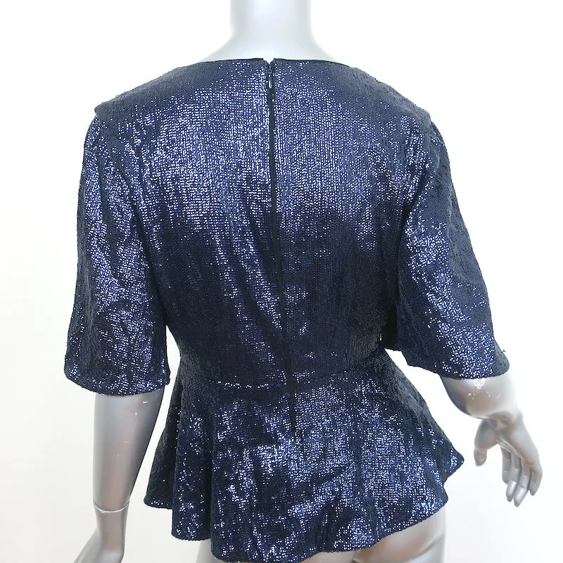 Rachel Zoe Blouse à Paillettes Trèfle avec Péplum Bleu Marine Taille 4 à Manches Volantées