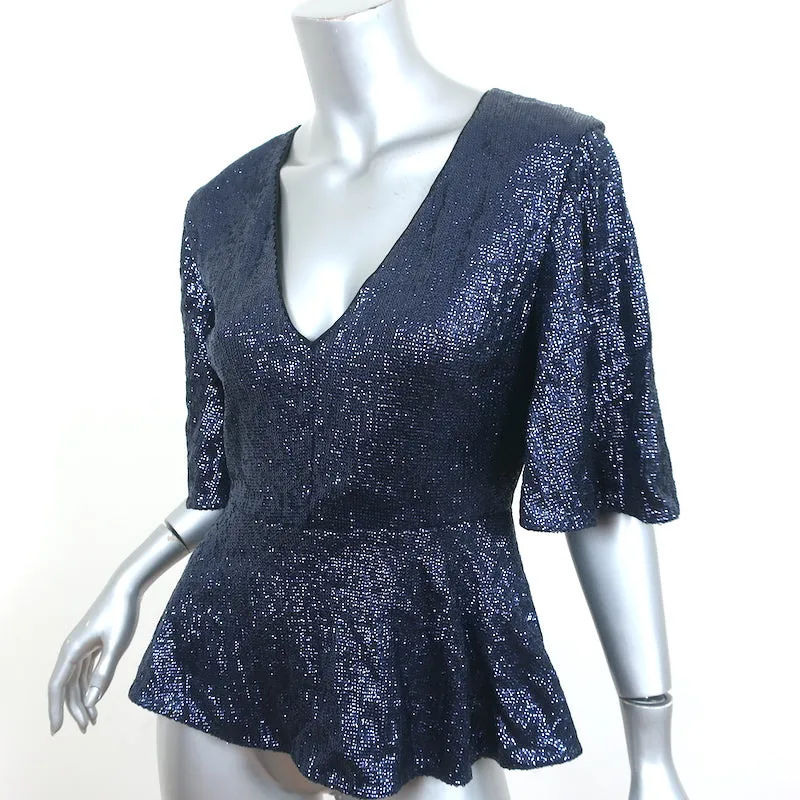 Rachel Zoe Blouse à Paillettes Trèfle avec Péplum Bleu Marine Taille 4 à Manches Volantées