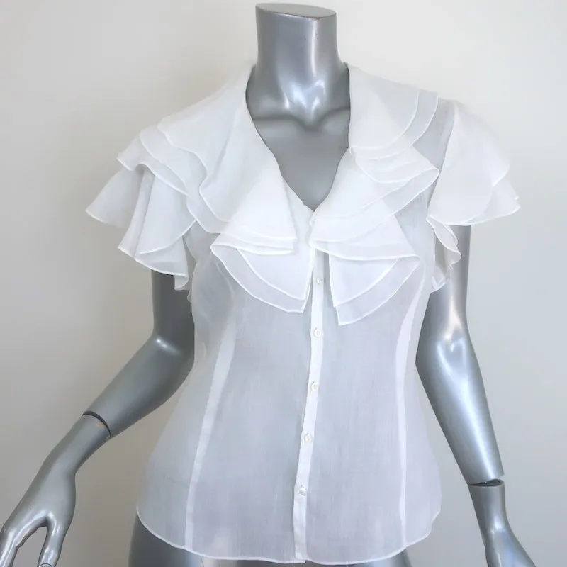 Ralph Lauren Blue Label Top à Volants Blanc en Ramie Taille 8 Blouse à Manches Courtes