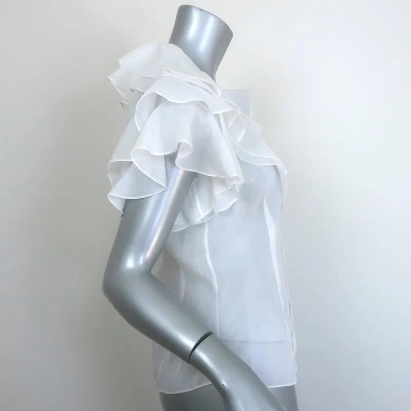 Ralph Lauren Blue Label Top à Volants Blanc en Ramie Taille 8 Blouse à Manches Courtes