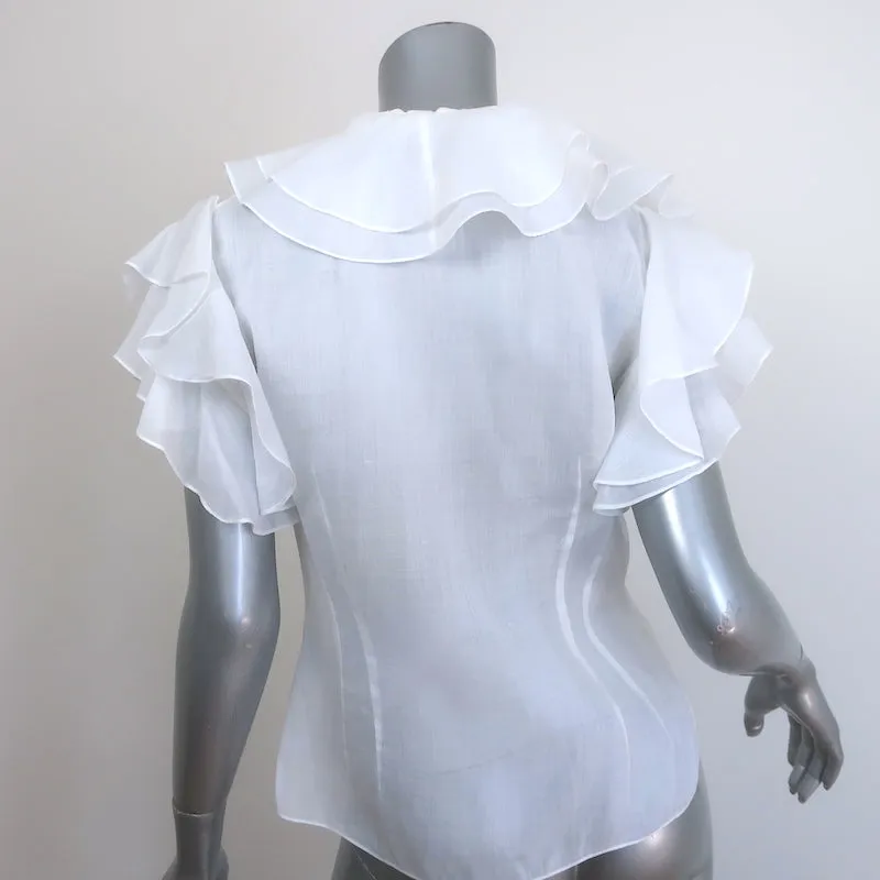 Ralph Lauren Blue Label Top à Volants Blanc en Ramie Taille 8 Blouse à Manches Courtes
