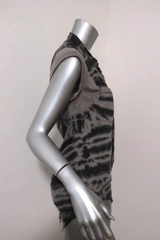 Raquel Allegra Haut déchiré à boutons devant Gris Tie Dye Taille 1 Blouse sans manches