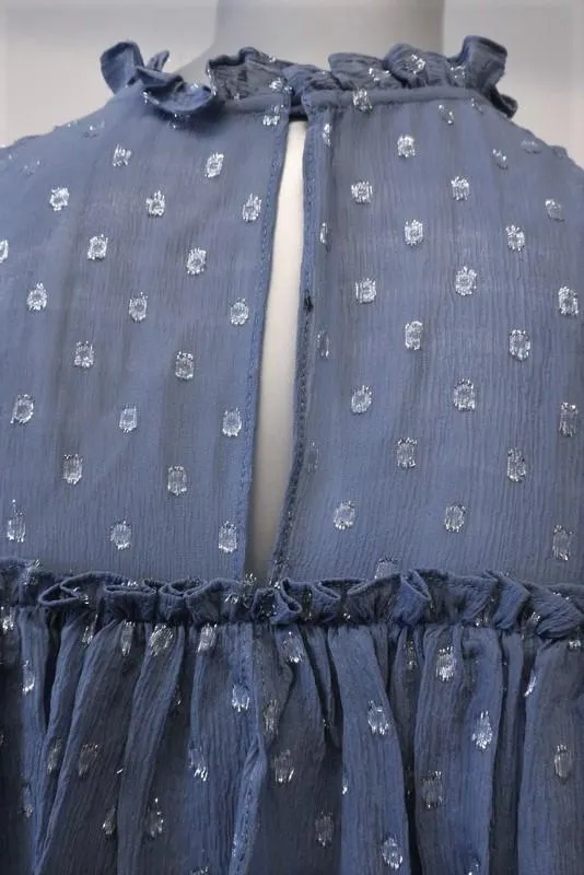 Rebecca Taylor Blouse à Épaules Dénudées Bleu à Pois Métallisés Chiffon Taille 0 à Volants