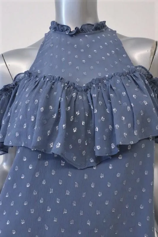 Rebecca Taylor Blouse à Épaules Dénudées Bleu à Pois Métallisés Chiffon Taille 0 à Volants