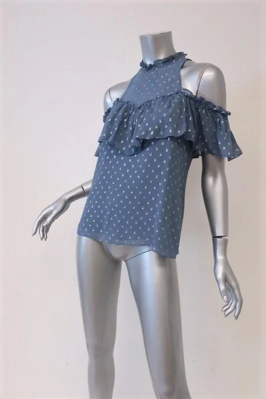 Rebecca Taylor Blouse à Épaules Dénudées Bleu à Pois Métallisés Chiffon Taille 0 à Volants