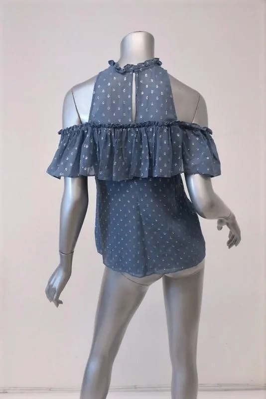 Rebecca Taylor Blouse à Épaules Dénudées Bleu à Pois Métallisés Chiffon Taille 0 à Volants