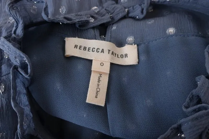 Rebecca Taylor Blouse à Épaules Dénudées Bleu à Pois Métallisés Chiffon Taille 0 à Volants