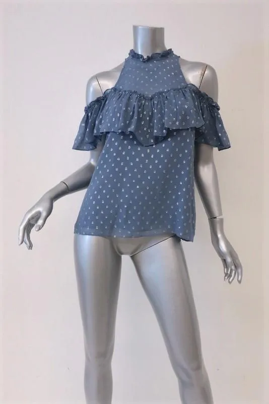Rebecca Taylor Blouse à Épaules Dénudées Bleu à Pois Métallisés Chiffon Taille 0 à Volants