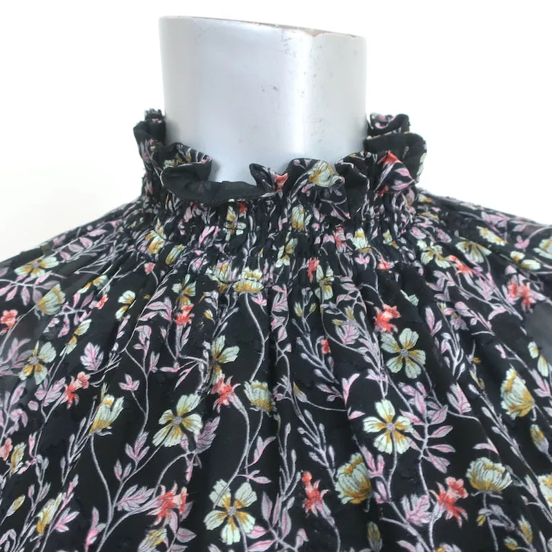 Rebecca Taylor Haut à Col Montant Imprimé Fleuri Noir Taille 2 Blouse à Manches Longues