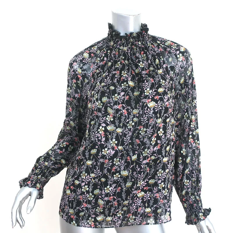 Rebecca Taylor Haut à Col Montant Imprimé Fleuri Noir Taille 2 Blouse à Manches Longues
