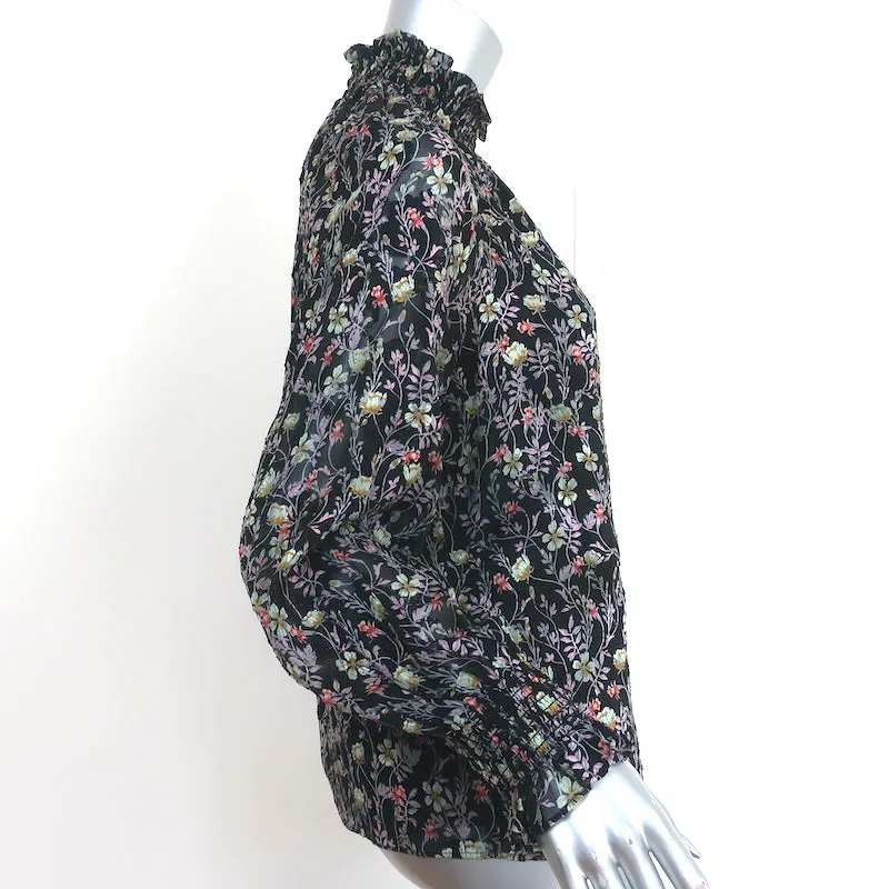 Rebecca Taylor Haut à Col Montant Imprimé Fleuri Noir Taille 2 Blouse à Manches Longues