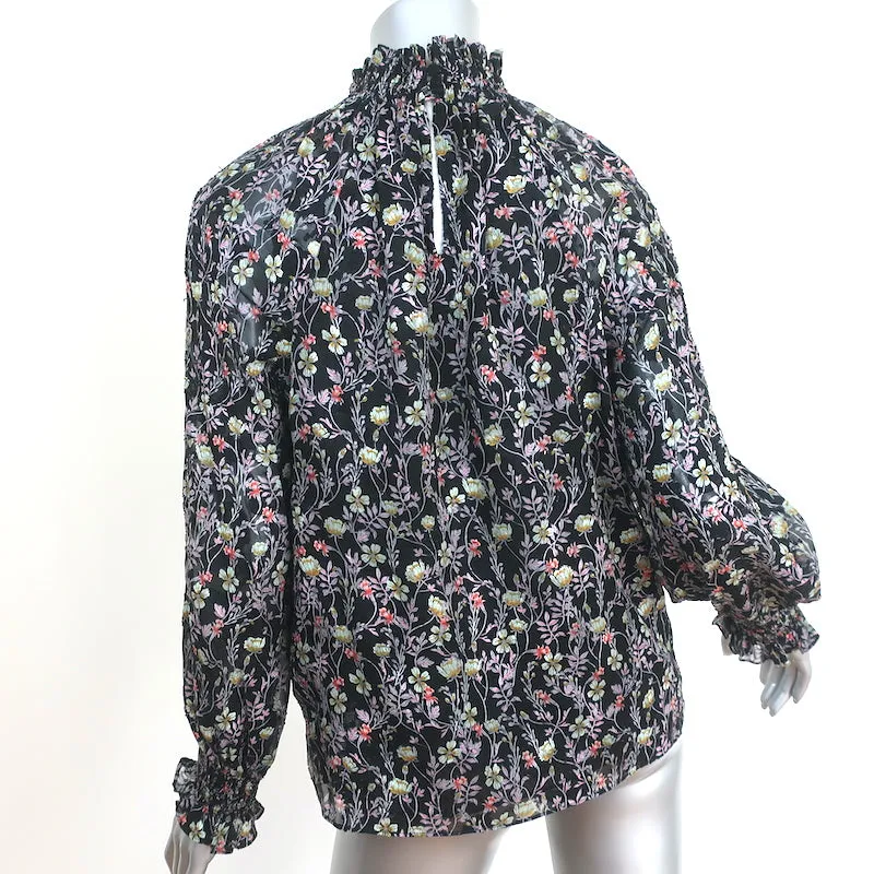 Rebecca Taylor Haut à Col Montant Imprimé Fleuri Noir Taille 2 Blouse à Manches Longues