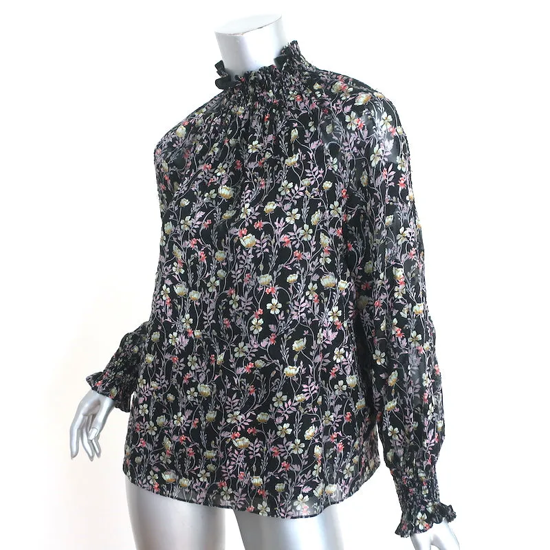 Rebecca Taylor Haut à Col Montant Imprimé Fleuri Noir Taille 2 Blouse à Manches Longues