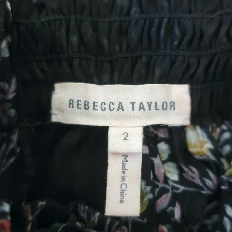 Rebecca Taylor Haut à Col Montant Imprimé Fleuri Noir Taille 2 Blouse à Manches Longues