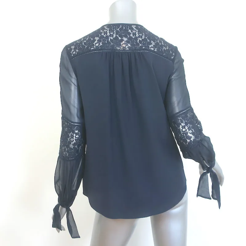 Rebecca Taylor Blouse en Soie Marine à Panneaux de Dentelle Sarah, Taille 0, avec Poignets à Liens