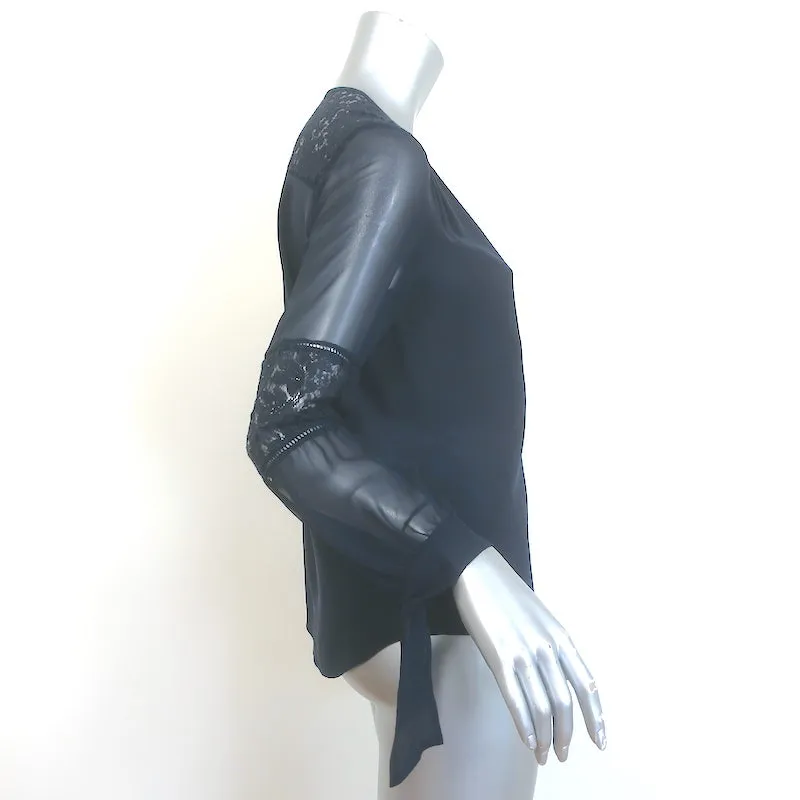 Rebecca Taylor Blouse en Soie Marine à Panneaux de Dentelle Sarah, Taille 0, avec Poignets à Liens