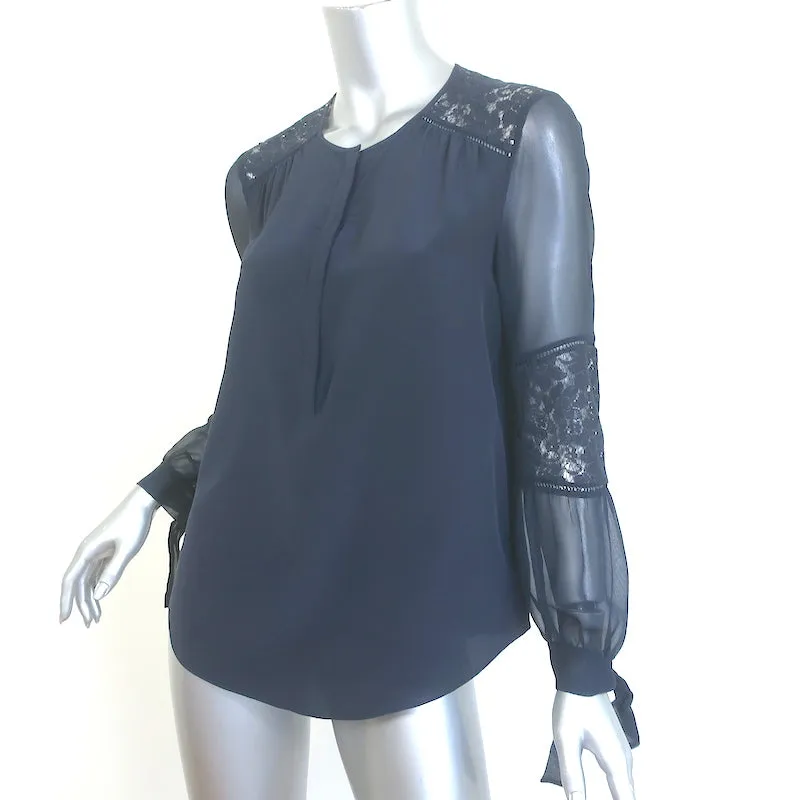 Rebecca Taylor Blouse en Soie Marine à Panneaux de Dentelle Sarah, Taille 0, avec Poignets à Liens