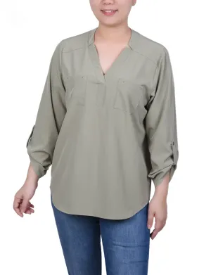 Roll Tab Sleeve Blouse with Pockets