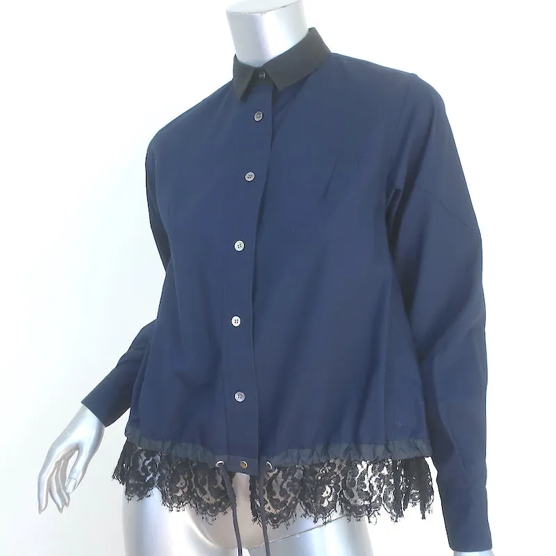 Chemise Sacai à ourlet coulissant en coton bleu marine avec dentelle, taille 1, manches longues