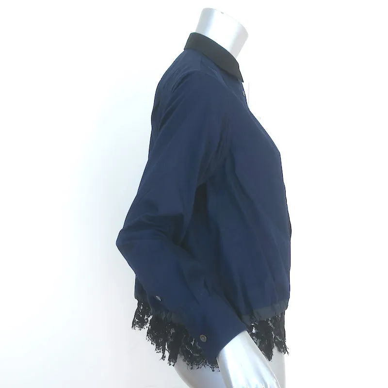 Chemise Sacai à ourlet coulissant en coton bleu marine avec dentelle, taille 1, manches longues