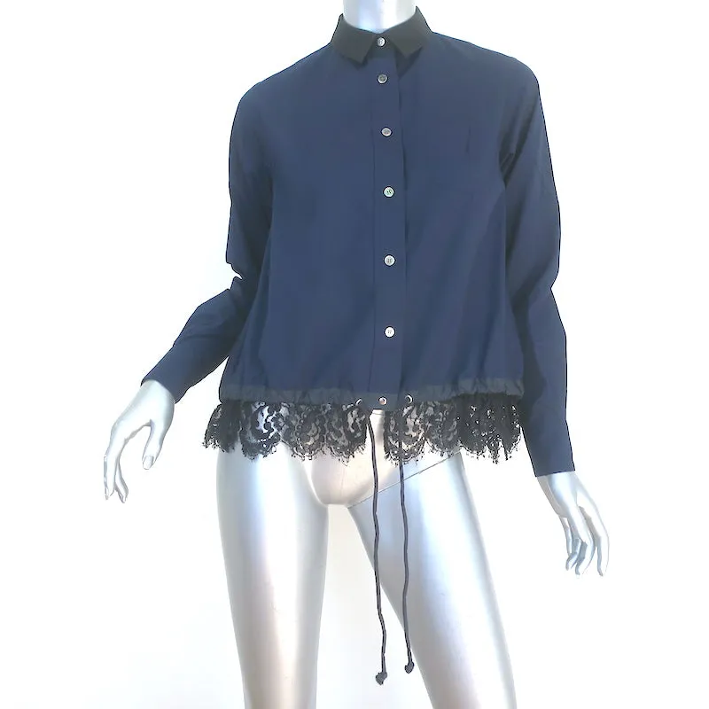 Chemise Sacai à ourlet coulissant en coton bleu marine avec dentelle, taille 1, manches longues