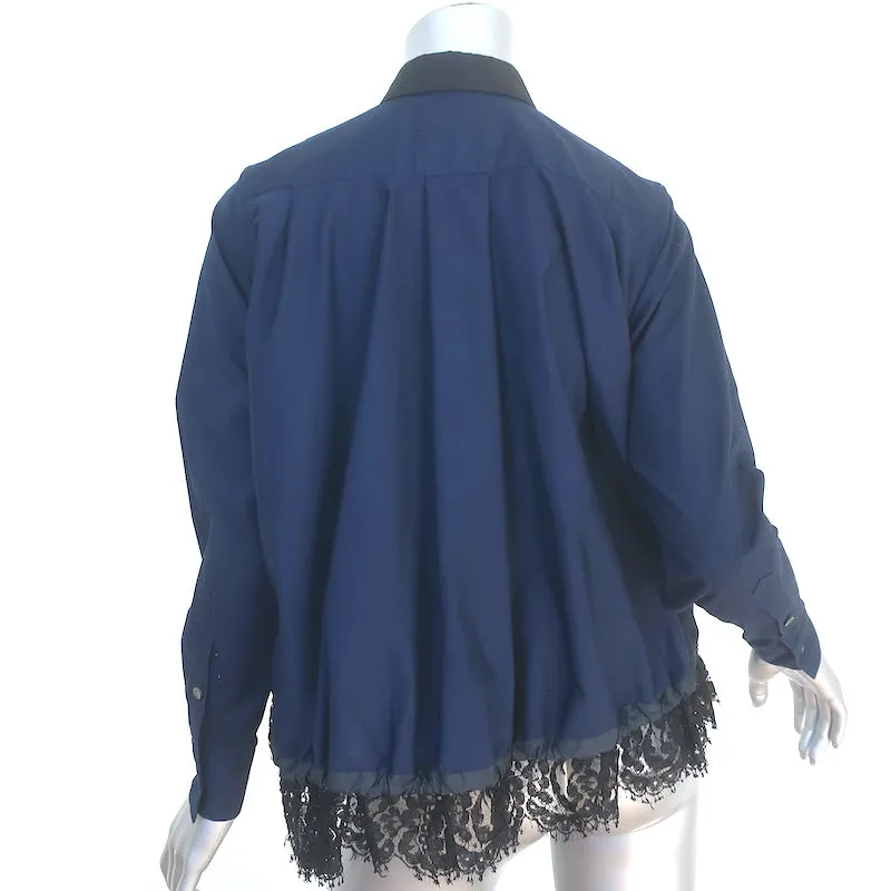 Chemise Sacai à ourlet coulissant en coton bleu marine avec dentelle, taille 1, manches longues