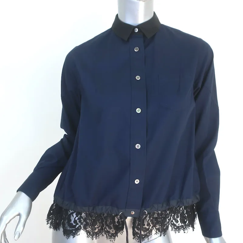 Chemise Sacai à ourlet coulissant en coton bleu marine avec dentelle, taille 1, manches longues