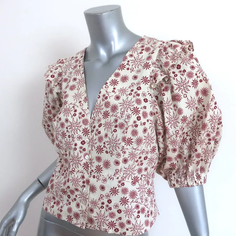 Haut Sandro à manches ballon Miranda Imprimé Soleil Rouge/Crème Taille 2 Blouse à boutons