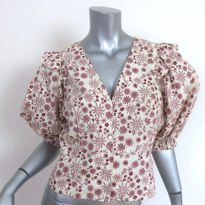Haut Sandro à manches ballon Miranda Imprimé Soleil Rouge/Crème Taille 2 Blouse à boutons