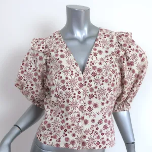 Sandro Puff Sleeve Top Miranda Cream/Red Sun Print Size 2 Button-Up Blouse
