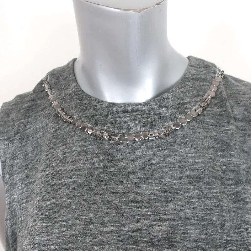 SEA New York Top à Pèplum Brodé Gris en Jersey de Lin Taille Petite Sans Manches
