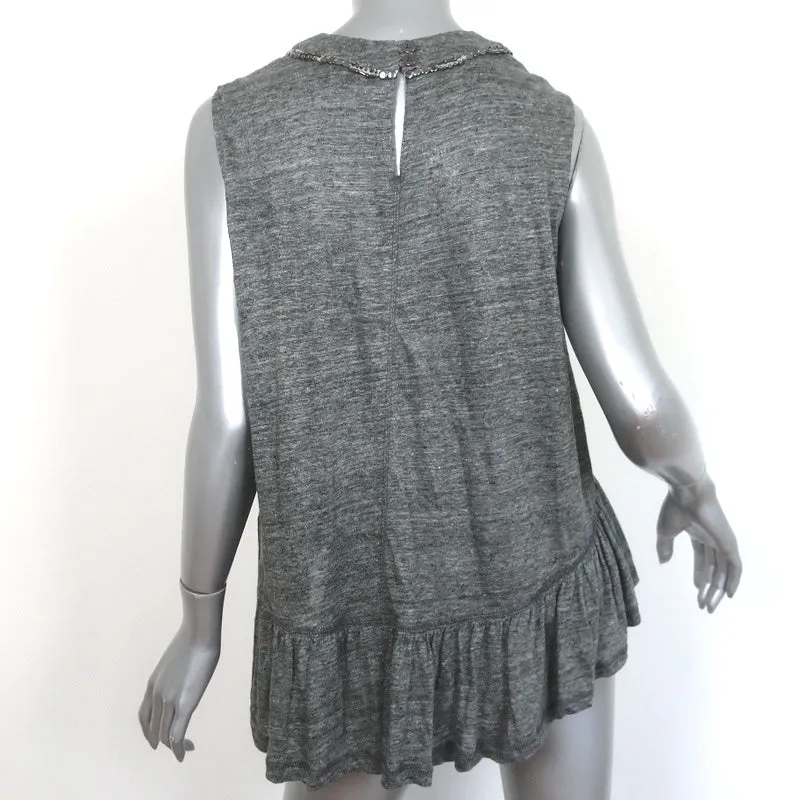 SEA New York Top à Pèplum Brodé Gris en Jersey de Lin Taille Petite Sans Manches