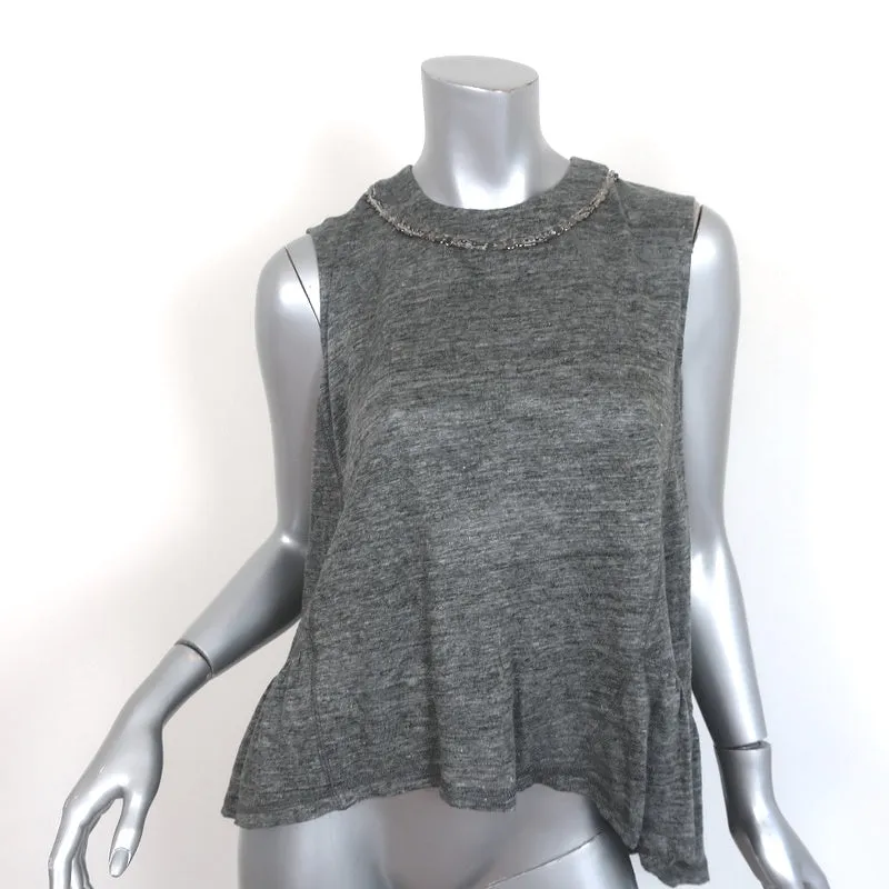 SEA New York Top à Pèplum Brodé Gris en Jersey de Lin Taille Petite Sans Manches